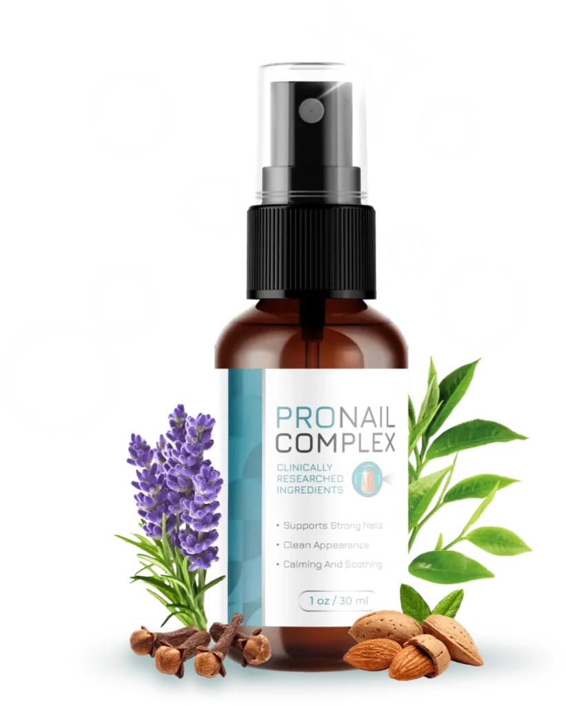 Brown spray bottle labeled “ProNail Complex” surrounded by natural ingredients like lavender, cloves, almonds, and green leaves on a clean background.