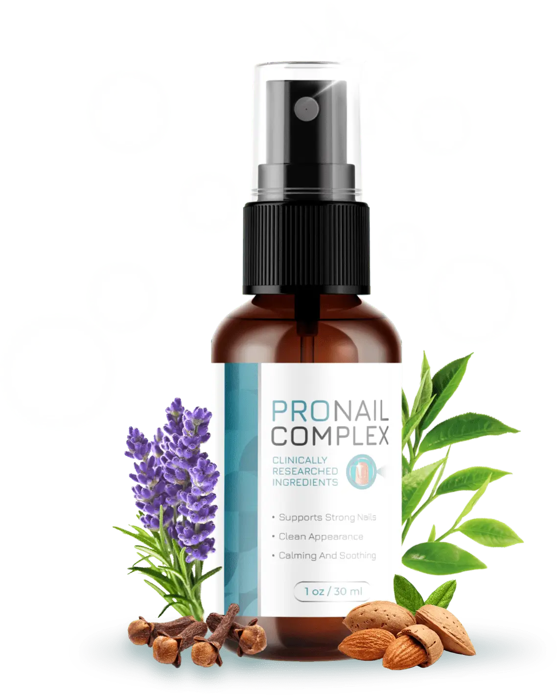 Brown spray bottle labeled “ProNail Complex” surrounded by natural ingredients like lavender, cloves, almonds, and green leaves on a clean background.